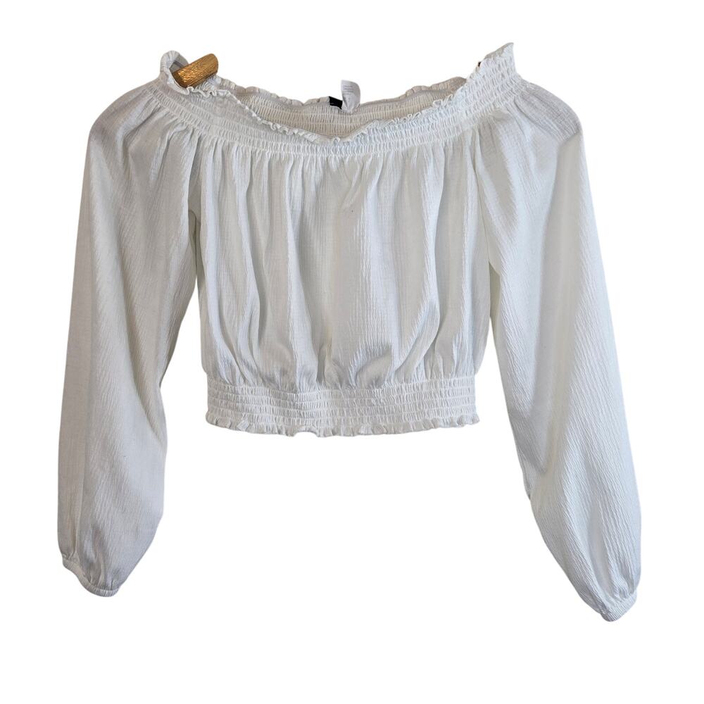 Size S – White Off-Shoulder Smocked Peasant Crop Top by Divided